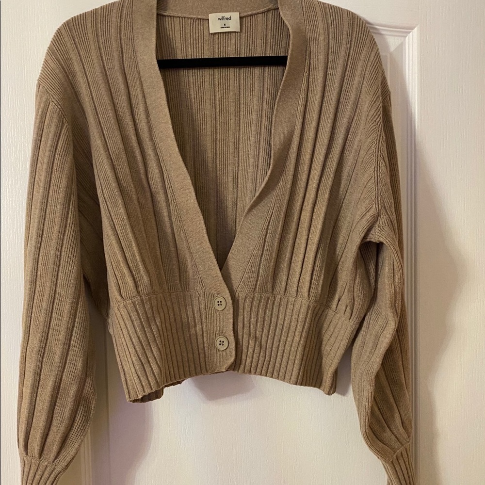 Aritzia Wilfred Ribbed Cropped Cardigan in Taupe Beige